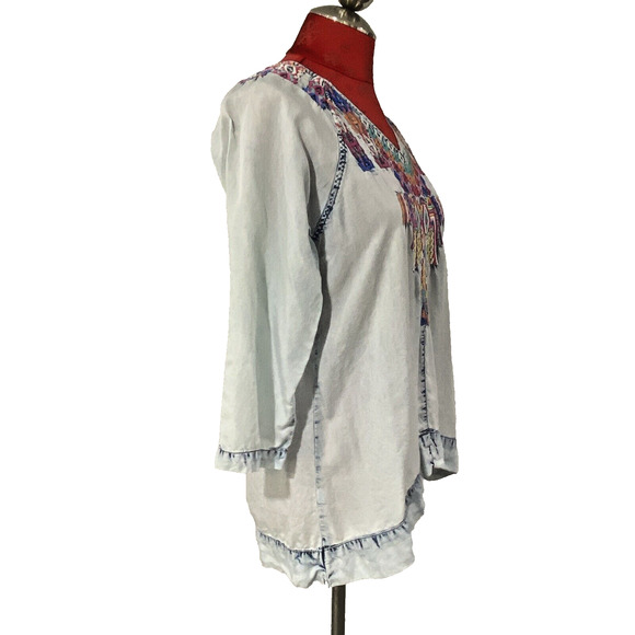 Soft Surroundings Work of Art Embroidered Blue Chambray Popover Blouse Top P/S - Picture 6 of 13